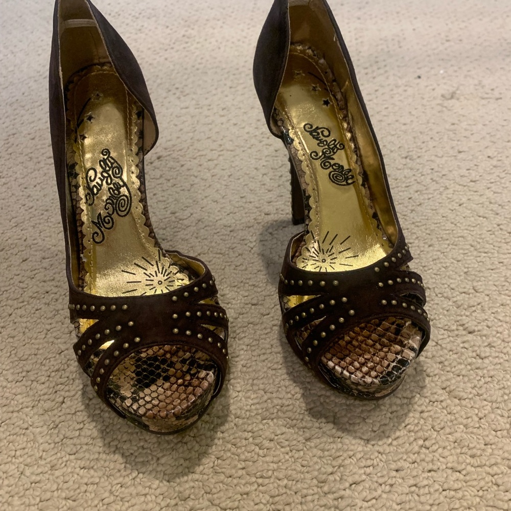 Naughty Money - Brown Suede Studded Heels - Brand New